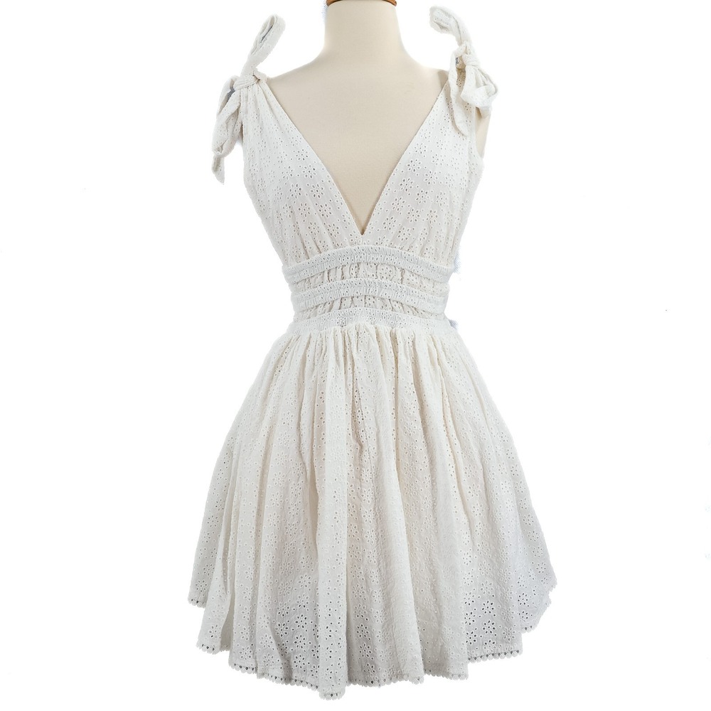 Mable Fit & Flare Mini Dress Womens M Eyelet Lace Tie Strap White Cottagecore
